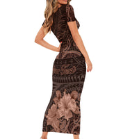 Bula Fiji Masi Short Sleeve Bodycon Dress Fijian Tapa Vintage Dark Brown Version LT01 - Polynesian Pride