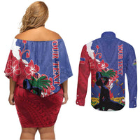 Personalised Haiti Le Marron Inconnu Couples Matching Off Shoulder Short Dress and Long Sleeve Button Shirt Dashiki Mix Polynesian Pattern LT01 - Polynesian Pride