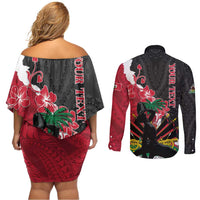Personalised Ayiti Neg Marron Couples Matching Off Shoulder Short Dress and Long Sleeve Button Shirt Dashiki Mix Polynesian Pattern LT01 - Polynesian Pride