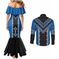Blue Niho Taniwha Mix Poutama Couples Matching Mermaid Dress and Long Sleeve Button Shirt Unique Taniko Aotearoa LT01 - Polynesian Pride
