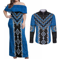Blue Niho Taniwha Mix Poutama Couples Matching Off Shoulder Maxi Dress and Long Sleeve Button Shirt Unique Taniko Aotearoa LT01 Blue - Polynesian Pride