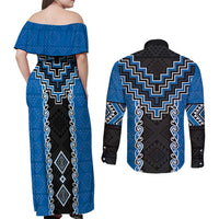 Blue Niho Taniwha Mix Poutama Couples Matching Off Shoulder Maxi Dress and Long Sleeve Button Shirt Unique Taniko Aotearoa LT01 - Polynesian Pride