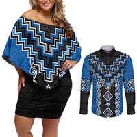 Blue Niho Taniwha Mix Poutama Couples Matching Off Shoulder Short Dress and Long Sleeve Button Shirt Unique Taniko Aotearoa LT01 Blue - Polynesian Pride