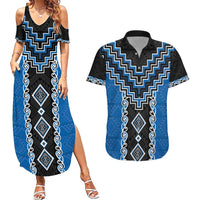 Blue Niho Taniwha Mix Poutama Couples Matching Summer Maxi Dress and Hawaiian Shirt Unique Taniko Aotearoa LT01 Blue - Polynesian Pride