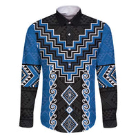 Blue Niho Taniwha Mix Poutama Family Matching Long Sleeve Bodycon Dress and Hawaiian Shirt Unique Taniko Aotearoa