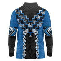 Blue Niho Taniwha Mix Poutama Long Sleeve Polo Shirt Unique Taniko Aotearoa