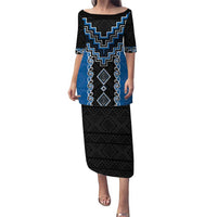 Blue Niho Taniwha Mix Poutama Puletasi Unique Taniko Aotearoa LT01 Long Dress Blue - Polynesian Pride