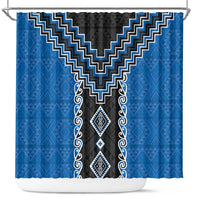 Blue Niho Taniwha Mix Poutama Shower Curtain Unique Taniko Aotearoa