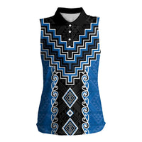 Blue Niho Taniwha Mix Poutama Women Sleeveless Polo Shirt Unique Taniko Aotearoa
