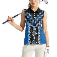 Blue Niho Taniwha Mix Poutama Women Sleeveless Polo Shirt Unique Taniko Aotearoa