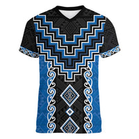 Blue Niho Taniwha Mix Poutama Women V-Neck T-Shirt Unique Taniko Aotearoa LT01 Female Blue - Polynesian Pride