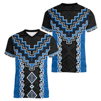 Blue Niho Taniwha Mix Poutama Women V-Neck T-Shirt Unique Taniko Aotearoa LT01 - Polynesian Pride