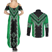 Green Niho Taniwha Mix Poutama Couples Matching Summer Maxi Dress and Long Sleeve Button Shirt Unique Taniko Aotearoa LT01 - Polynesian Pride