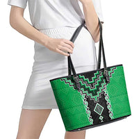 Green Niho Taniwha Mix Poutama Leather Tote Bag Unique Taniko Aotearoa