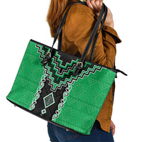 Green Niho Taniwha Mix Poutama Leather Tote Bag Unique Taniko Aotearoa