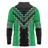 Green Niho Taniwha Mix Poutama Long Sleeve Polo Shirt Unique Taniko Aotearoa