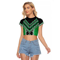 Green Niho Taniwha Mix Poutama Raglan Cropped T Shirt Unique Taniko Aotearoa LT01 Female Green - Polynesian Pride