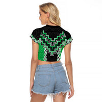 Green Niho Taniwha Mix Poutama Raglan Cropped T Shirt Unique Taniko Aotearoa LT01 - Polynesian Pride