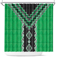 Green Niho Taniwha Mix Poutama Shower Curtain Unique Taniko Aotearoa