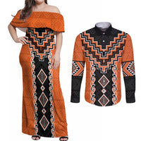 Orange Niho Taniwha Mix Poutama Couples Matching Off Shoulder Maxi Dress and Long Sleeve Button Shirt Unique Taniko Aotearoa LT01 Orange - Polynesian Pride