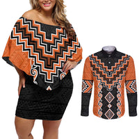 Orange Niho Taniwha Mix Poutama Couples Matching Off Shoulder Short Dress and Long Sleeve Button Shirt Unique Taniko Aotearoa LT01 Orange - Polynesian Pride