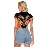 Orange Niho Taniwha Mix Poutama Raglan Cropped T Shirt Unique Taniko Aotearoa LT01 - Polynesian Pride