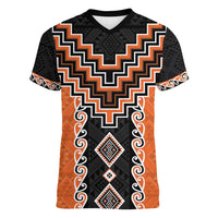 Orange Niho Taniwha Mix Poutama Women V-Neck T-Shirt Unique Taniko Aotearoa LT01 Female Orange - Polynesian Pride