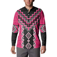 Pink Niho Taniwha Mix Poutama Button Sweatshirt Unique Taniko Aotearoa LT01 - Polynesian Pride