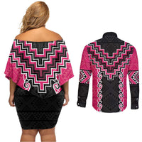 Pink Niho Taniwha Mix Poutama Couples Matching Off Shoulder Short Dress and Long Sleeve Button Shirt Unique Taniko Aotearoa LT01 - Polynesian Pride