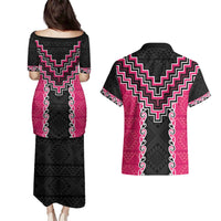 Pink Niho Taniwha Mix Poutama Couples Matching Puletasi and Hawaiian Shirt Unique Taniko Aotearoa LT01 - Polynesian Pride