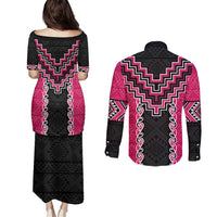 Pink Niho Taniwha Mix Poutama Couples Matching Puletasi and Long Sleeve Button Shirt Unique Taniko Aotearoa LT01 - Polynesian Pride