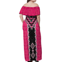 Pink Niho Taniwha Mix Poutama Off Shoulder Maxi Dress Unique Taniko Aotearoa LT01 - Polynesian Pride