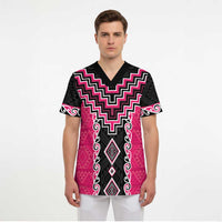 Pink Niho Taniwha Mix Poutama Scrub Top Unique Taniko Aotearoa LT01 - Polynesian Pride