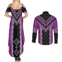 Purple Niho Taniwha Mix Poutama Couples Matching Summer Maxi Dress and Long Sleeve Button Shirt Unique Taniko Aotearoa LT01 - Polynesian Pride