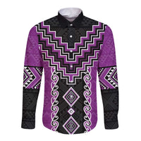 Purple Niho Taniwha Mix Poutama Long Sleeve Button Shirt Unique Taniko Aotearoa LT01 Unisex Purple - Polynesian Pride