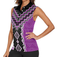 Purple Niho Taniwha Mix Poutama Women Sleeveless Polo Shirt Unique Taniko Aotearoa