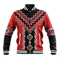 Red Niho Taniwha Mix Poutama Baseball Jacket Unique Taniko Aotearoa LT01 Unisex Red - Polynesian Pride