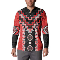 Red Niho Taniwha Mix Poutama Button Sweatshirt Unique Taniko Aotearoa LT01 - Polynesian Pride