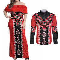 Red Niho Taniwha Mix Poutama Couples Matching Off Shoulder Maxi Dress and Long Sleeve Button Shirt Unique Taniko Aotearoa LT01 Red - Polynesian Pride