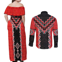 Red Niho Taniwha Mix Poutama Couples Matching Off Shoulder Maxi Dress and Long Sleeve Button Shirt Unique Taniko Aotearoa LT01 - Polynesian Pride