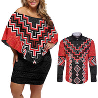 Red Niho Taniwha Mix Poutama Couples Matching Off Shoulder Short Dress and Long Sleeve Button Shirt Unique Taniko Aotearoa LT01 Red - Polynesian Pride