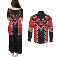 Red Niho Taniwha Mix Poutama Couples Matching Puletasi and Long Sleeve Button Shirt Unique Taniko Aotearoa LT01 - Polynesian Pride