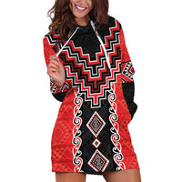 Red Niho Taniwha Mix Poutama Hoodie Dress Unique Taniko Aotearoa LT01 Red - Polynesian Pride