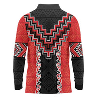 Red Niho Taniwha Mix Poutama Long Sleeve Polo Shirt Unique Taniko Aotearoa