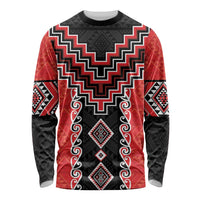 Red Niho Taniwha Mix Poutama Long Sleeve Shirt Unique Taniko Aotearoa LT01 Unisex Red - Polynesian Pride