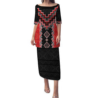 Red Niho Taniwha Mix Poutama Puletasi Unique Taniko Aotearoa LT01 Long Dress Red - Polynesian Pride