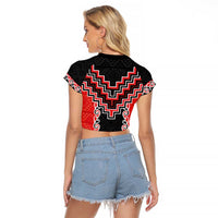 Red Niho Taniwha Mix Poutama Raglan Cropped T Shirt Unique Taniko Aotearoa LT01 - Polynesian Pride