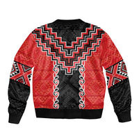 Red Niho Taniwha Mix Poutama Sleeve Zip Bomber Jacket Unique Taniko Aotearoa