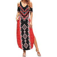 Red Niho Taniwha Mix Poutama Summer Maxi Dress Unique Taniko Aotearoa LT01 Women Red - Polynesian Pride