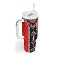 Red Niho Taniwha Mix Poutama Tumbler With Handle Unique Taniko Aotearoa LT01 - Polynesian Pride